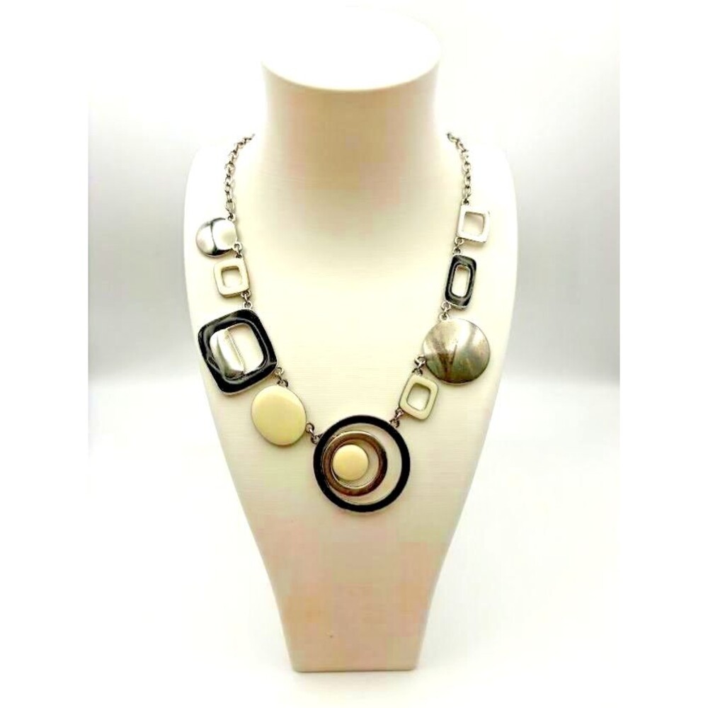 Lia Sophia Geometric Statement Necklace Silver Tone Matte Black Cream 19"